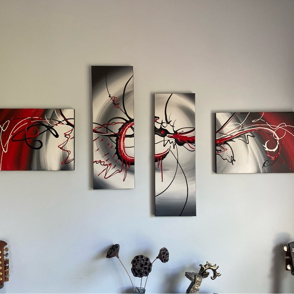 Abstract Red and Gray Wall Art Set